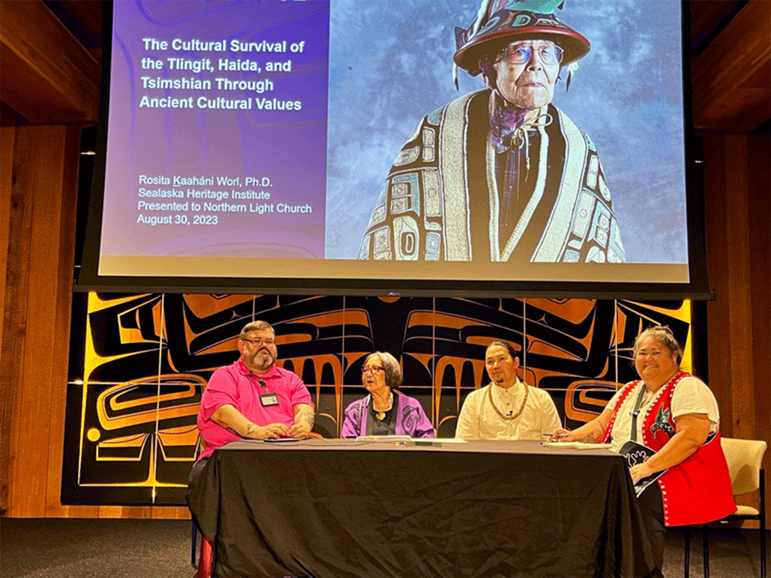Left to right: Richard J. Peterson, Rosita Worl, Lance X̱ʼunei Twitchell, Liz Medicine Crow, Sealaska Institute. Photo by Corey Schlosser-Hall