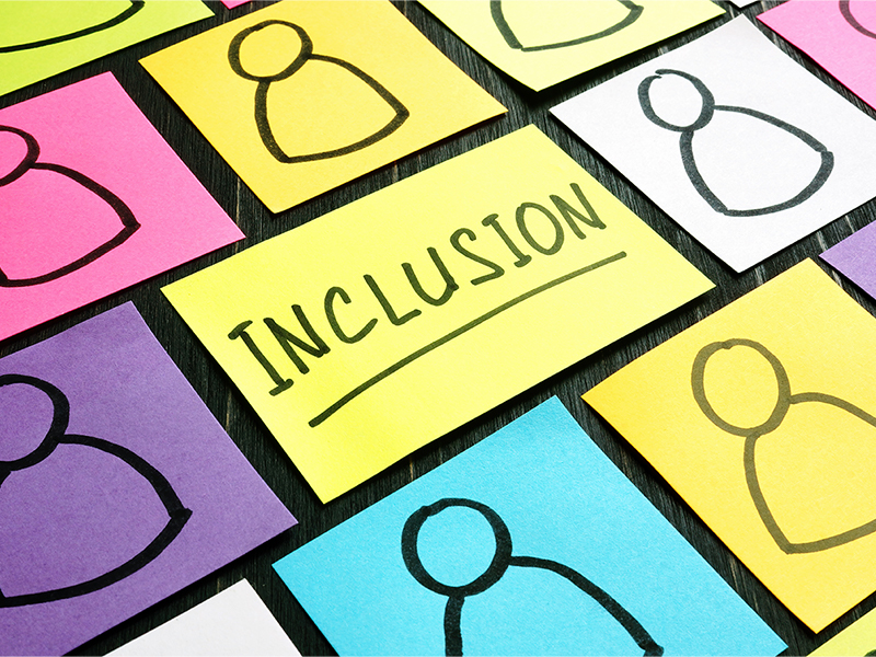 Image of the word inclusion with sticky notes of different colors