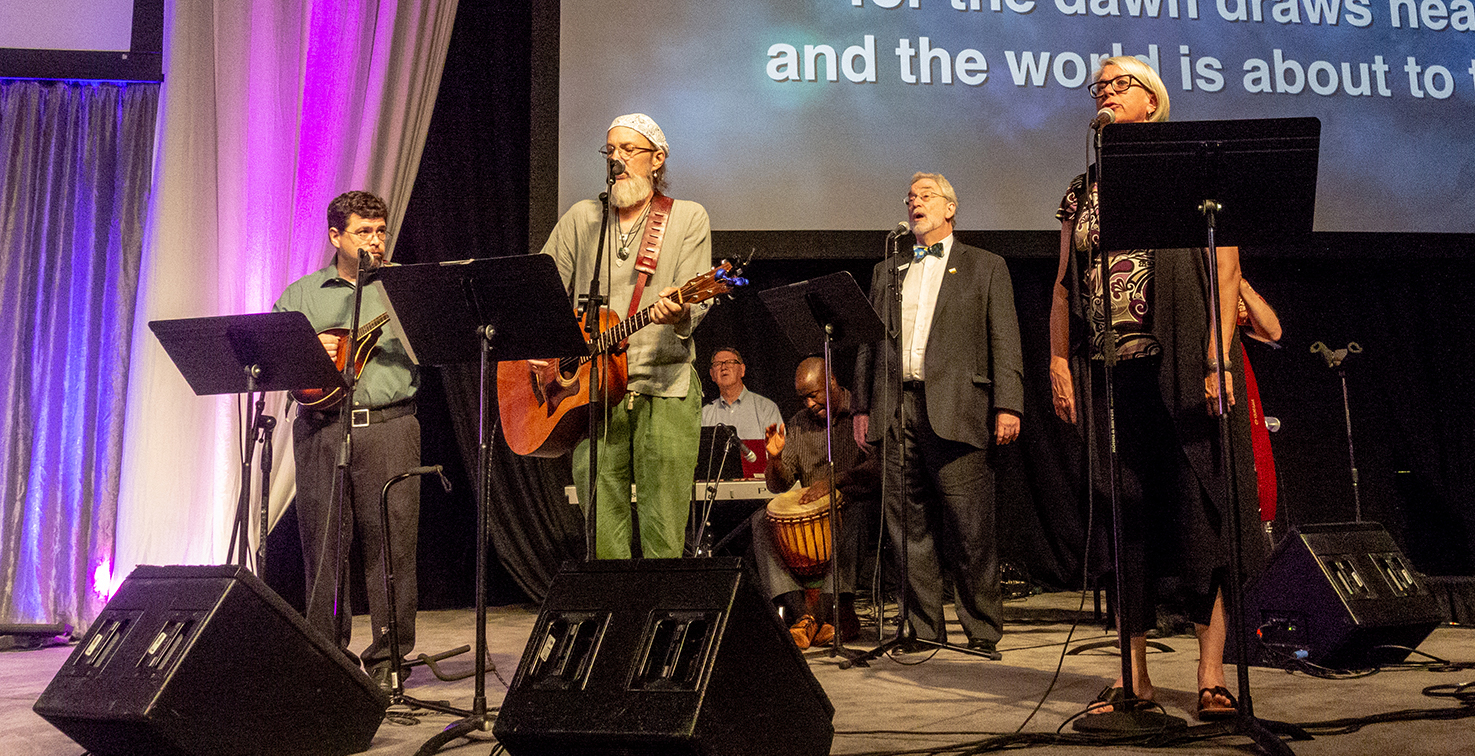 Chip Andrus (second from left) performs at GA223 with (left to right) David Gambrell, Sheldon Sorge, Alonzo Johnson, Bill McConnell and Deb Avery. Photo by Gregg Brekke.