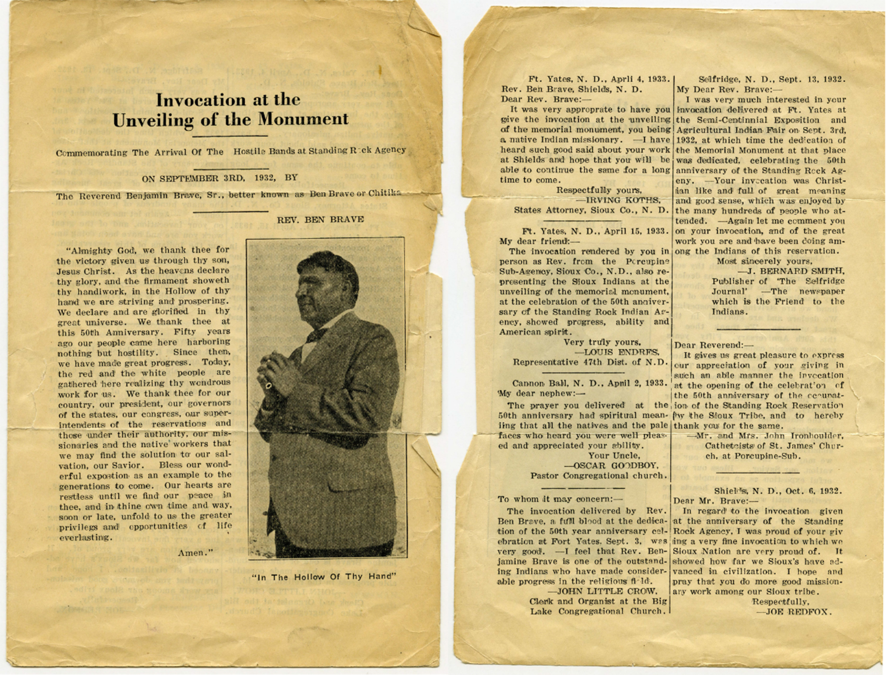 Pamphlet with Ben Brave’s invocation “commemorating the arrival of the hostile bands at Standing Rock Agency,” September 3, 1932. Pearl: 60352. All photos courtesy of the Presbyterian Historical Society. 