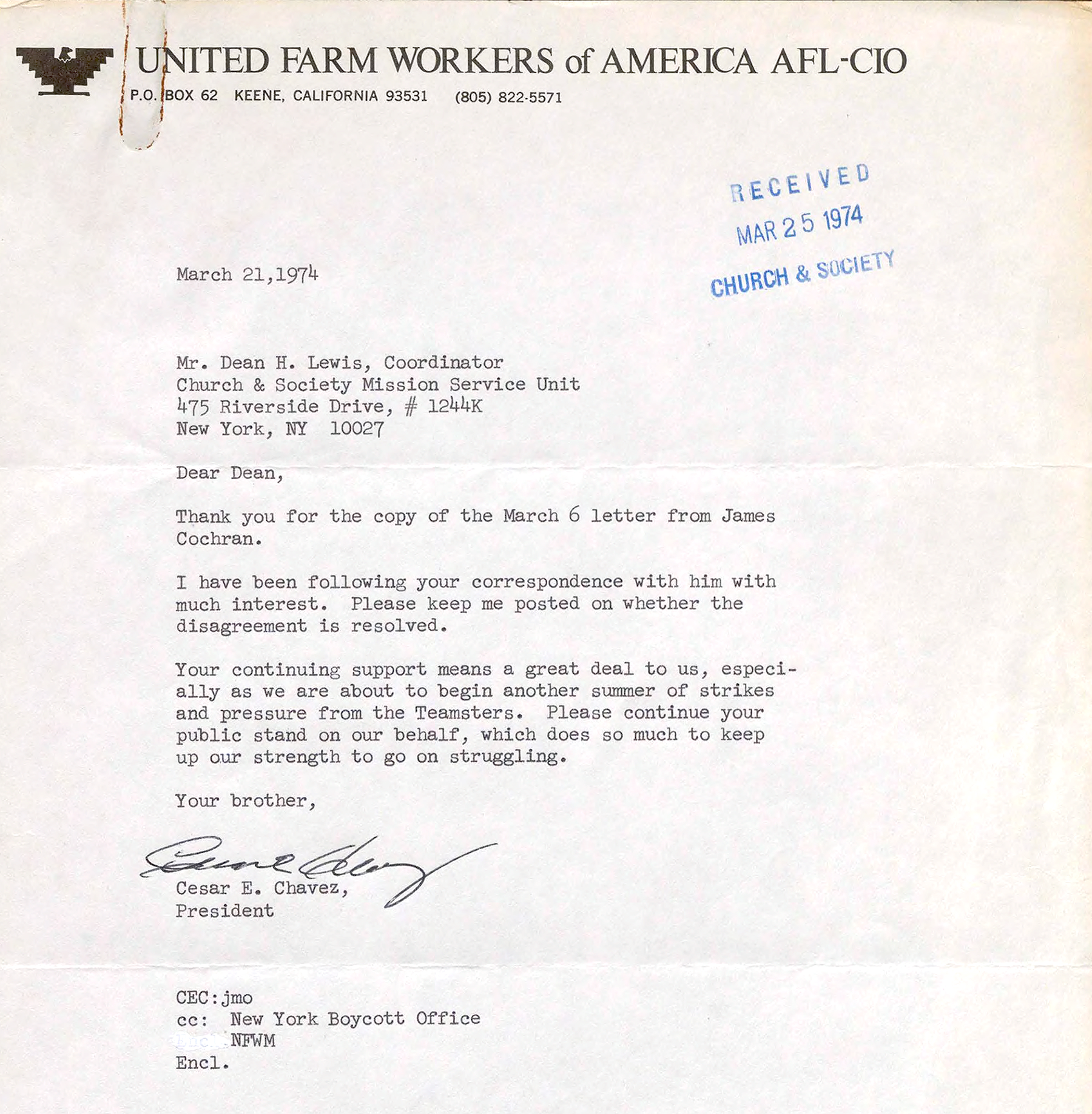 March 21, 1974 letter from labor activist Cesar Chavez to the Church & Society Mission Service Unit. Pearl ID: 344293.