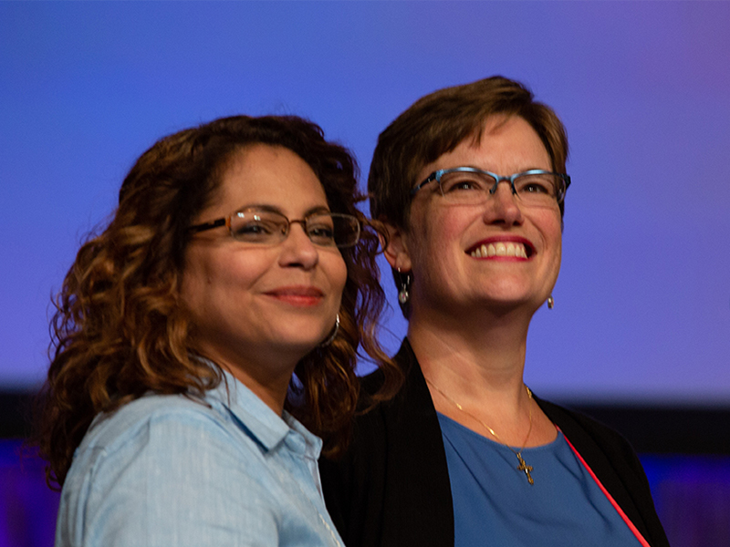 Ruling Elder Vilmarie Cintrón-Olivieri (left) and Rev. Cindy Kohlmann (right), Co-Moderators of the 223rd General Assembly (2018). Photo by Michael Whitman
