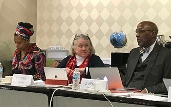 COGA meeting convenes on February 6, 2018 in St. Louis.  Members shown (left to right) Co-Moderator of the 222nd General Assembly (2016), the Rev. Denise Anderson; COGA moderator, the Rev. Dr. Barbara Gaddis; and Stated Clerk of the General Assembly, the Rev. Dr. J. Herbert Nelson, II