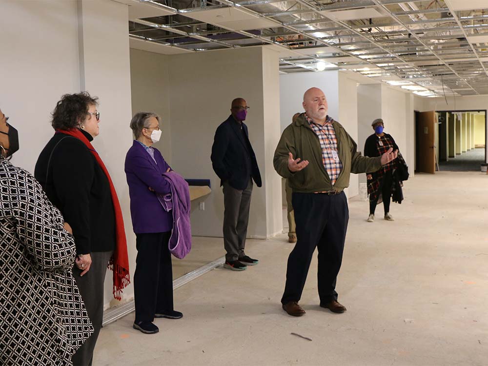 Kerry Rice, OGA’s Deputy Stated Clerk led a tour of the new conference space currently under construction at the Presbyterian Center in Louisville. Photo by Rick Jones