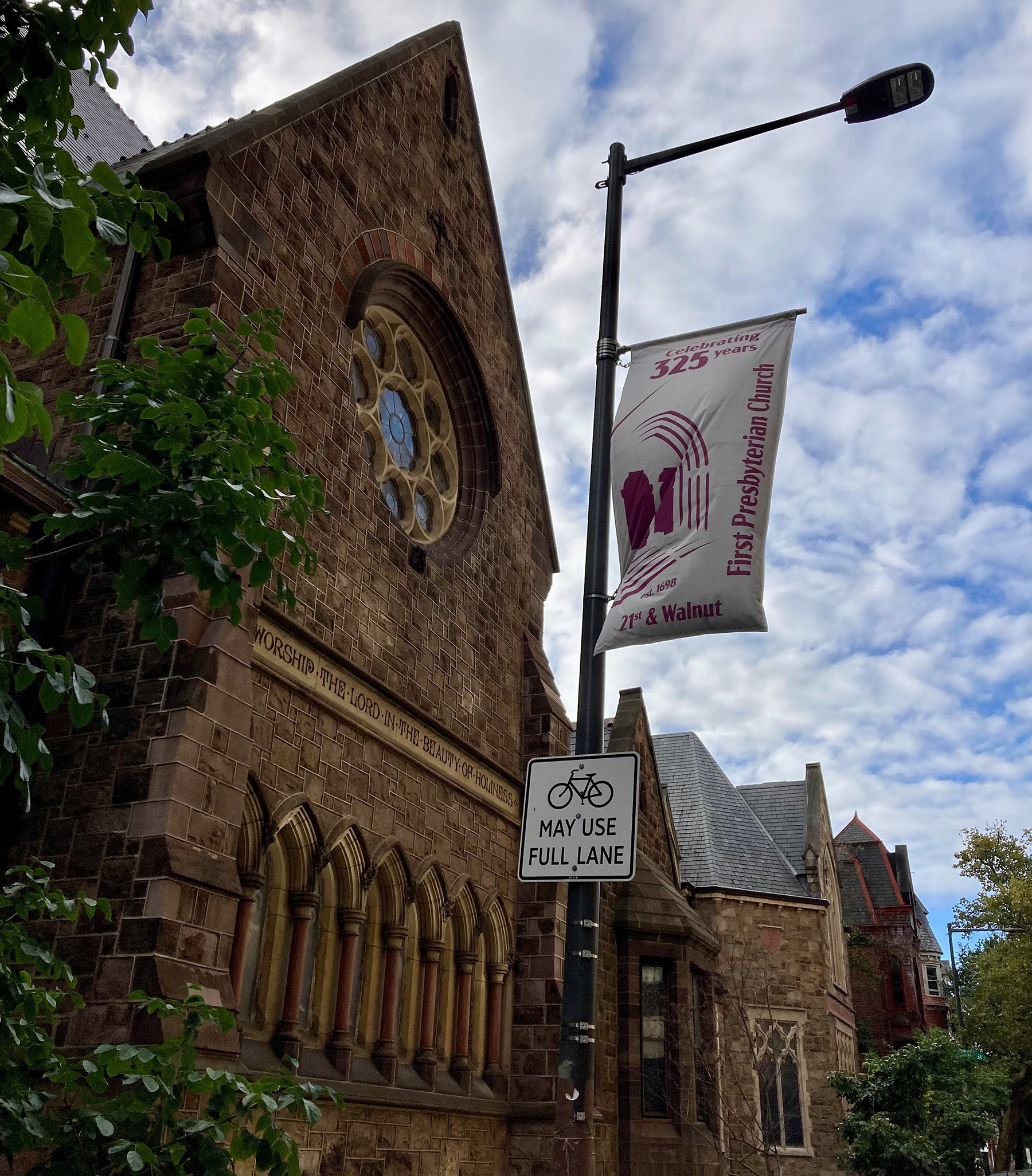 325th anniversary banner in front of First Presbyterian Church of Philadelphia, October 8, 2023. Photo by Fred Tangeman. 
