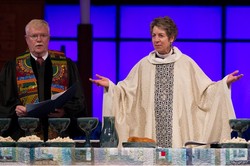 Bishop Katharine Jefferts Schori leads the Great Thanksgiving Prayer at the Ecumenical Service of Worship and Holy Communion at the 221st General Assembly (2014) of the PC(USA)in Detroit, MI, on Wednesday, June 18, 2014.