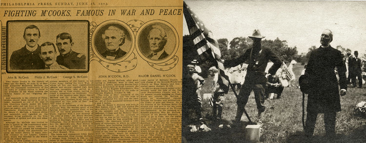 Left: Clipping from “Philadelphia Press,” Sunday June 28, 1903. Pearl: 7122. Right: Rev. Henry C. McCook at Grand Army of the Republic Memorial Day, undated, image via PHS. 