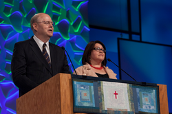 Cliff Kirkpatrick and Matilfe Moros give their report on the recommendations of the Commission on the Confession of Belhar at the 221st General Assembly (2014) in Detroit, MI on Sunday, June 15, 2014. 