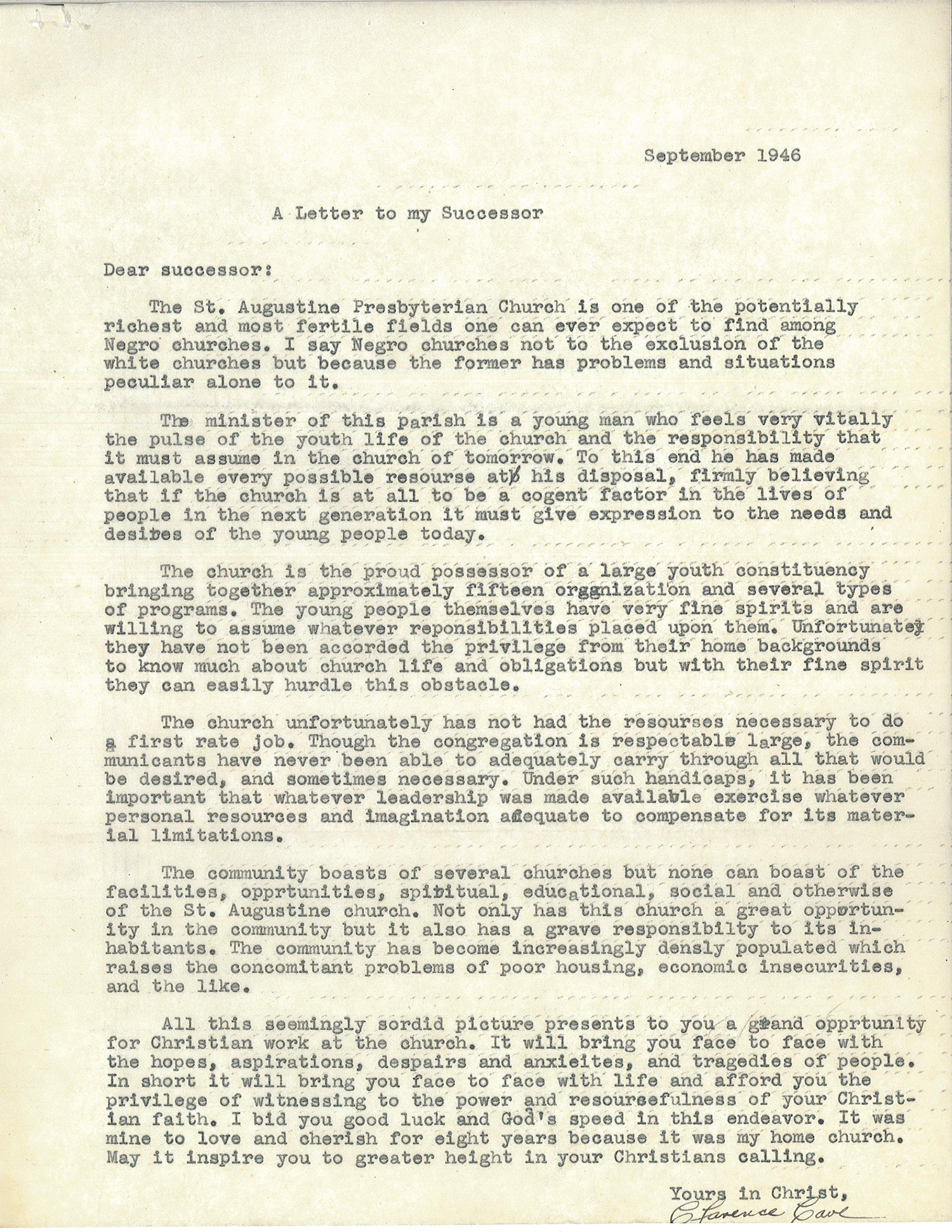 Clarence Cave's Letter to my Successor at St. Augustine Presbyterian Church, 1948. From RG 425. 