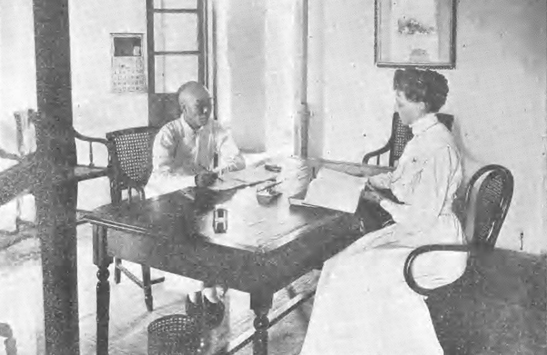 Hackett College for Women photograph of Dr. Fulton (right) working with Chinese man. Pearl ID: 5011