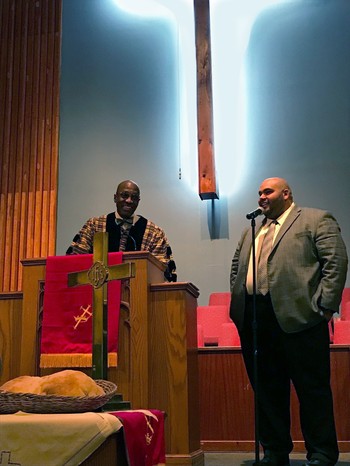 The Rev. Dr. J. Herbert Nelson, II, Stated Clerk of the Presbyterian Church (U.S.A.) and Rev. Edwin González-Castillo, Presbyterian Disaster Assistance’s associate for disaster response, share a moment during the commissioning service. 