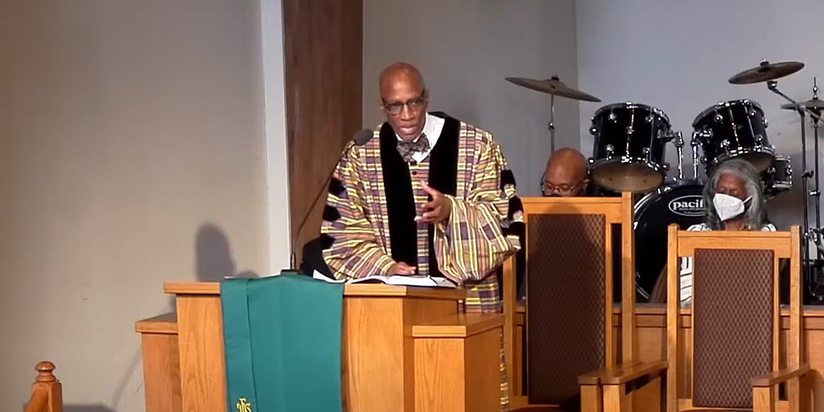 The Rev. Dr. J. Herbert Nelson, II preached at Fellowship Presbyterian Church in Huntsville, Alabama, on Sunday. Screenshot. 