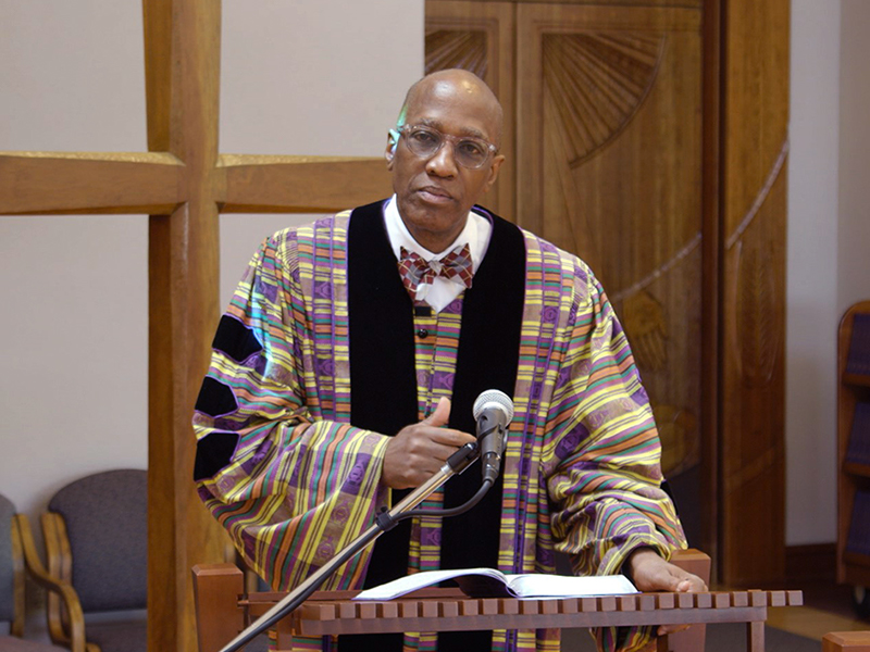 The Rev. Dr. J. Herbert Nelson, II, Stated Clerk of the General Assembly records sermon for Oakhurst Presbyterian Church at the Presbyterian Center's chapel in Louisville. Photo by Randy Hobson.