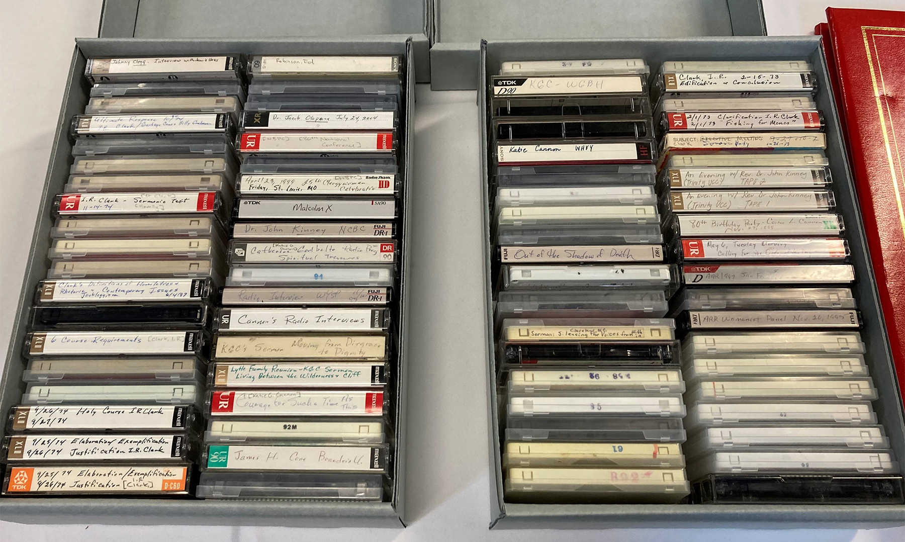 Some Katie Geneva Cannon cassette tapes on display in PHS lobby. Photo by Fred Tangeman.