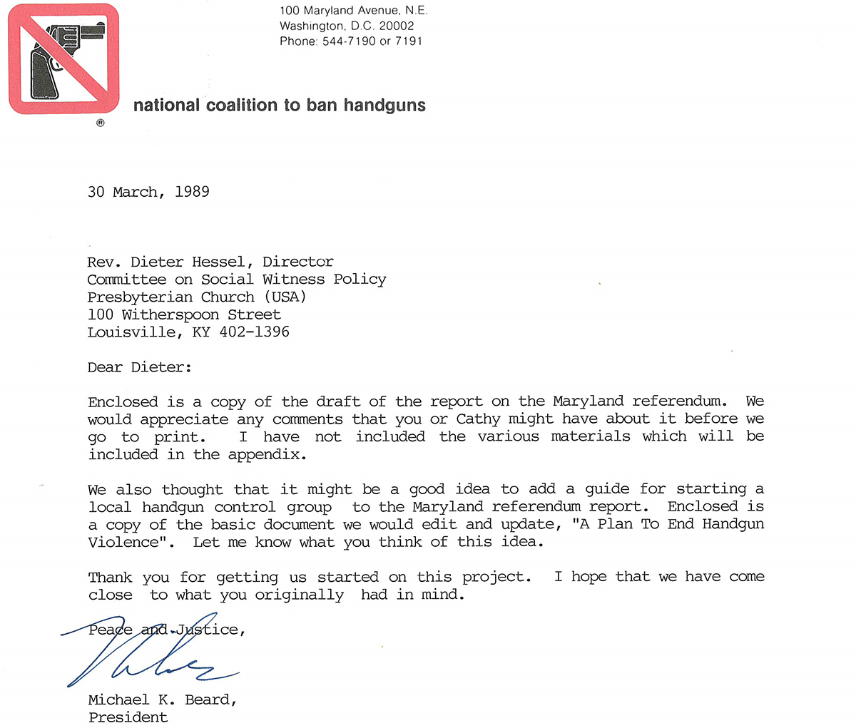 1989 letter from National Coalition to Ban Handguns, via ACSWP records at PHS #20-0929.