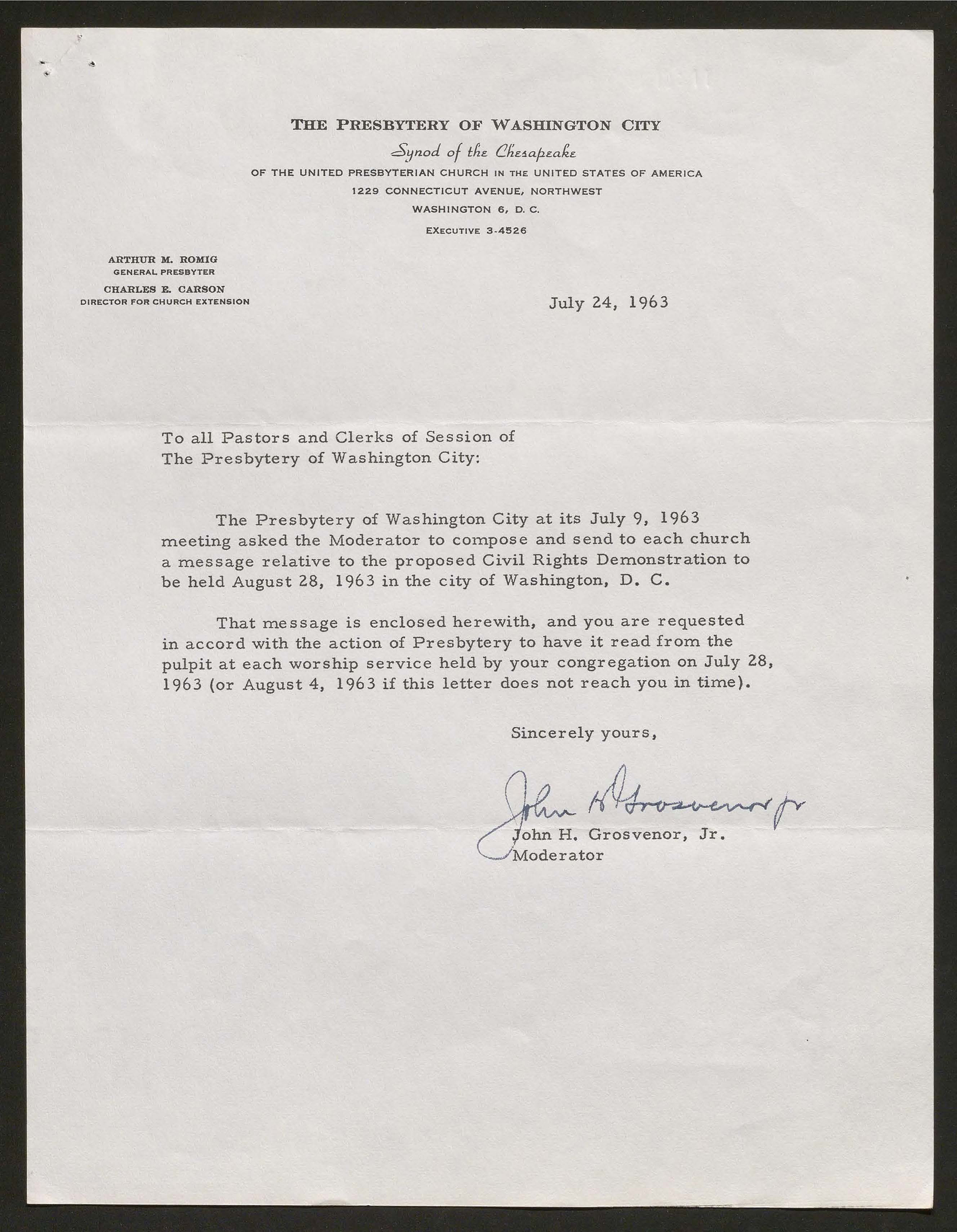 Grosvenor’s letter to the Presbytery of Washington City, 1963. [Pearl: 345262]
