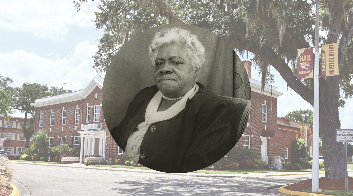 Image of Mary McLeod Bethune, 1949, courtesy of the Library of Congress. Image of Bethune-Cookman College, courtesy of Wikimedia Commons.