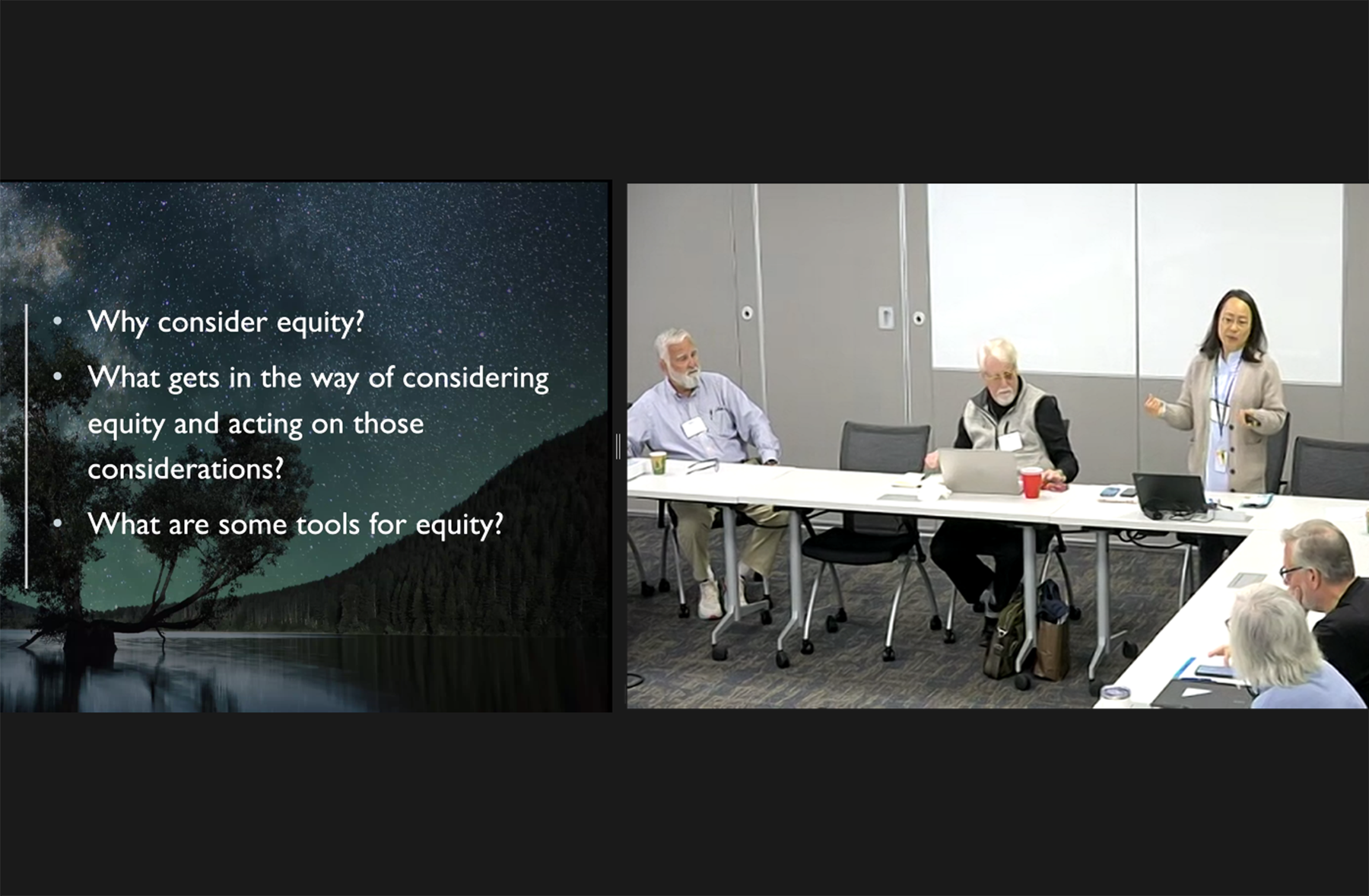 Left: three main questions from presentation. Right: Jihyun Oh (standing). November 10, 2023. Image via Zoom.