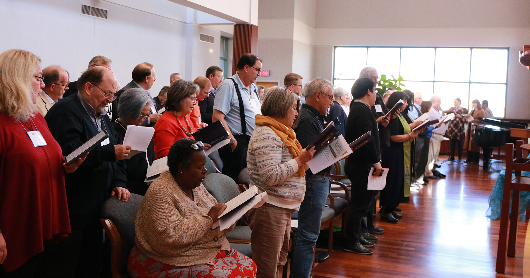 Moderators from across the PC(USA) gather for worship on the opening day of the Moderators’ Conference at the Presbyterian Center in Louisville. Photo by Rick Jones.