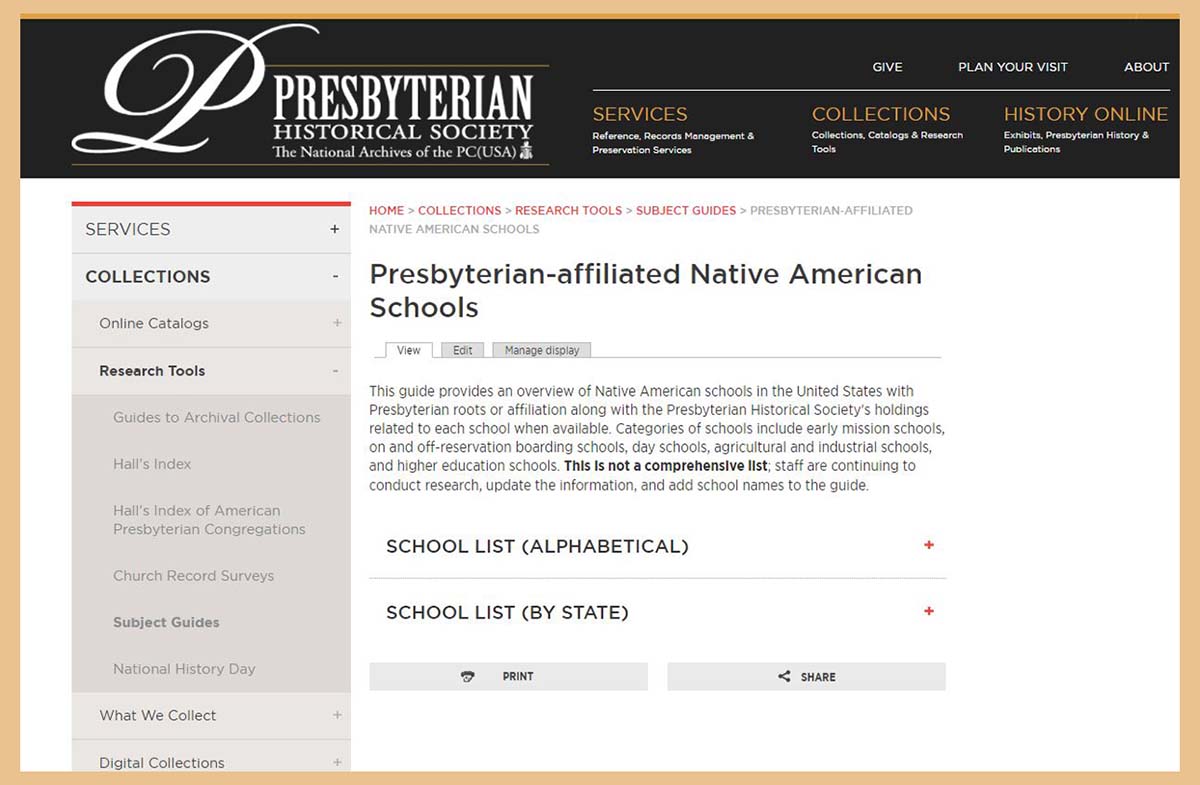 Image of webpage for the Guide to Presbyterian-affiliated Native American Schools, a new resource from PHS.