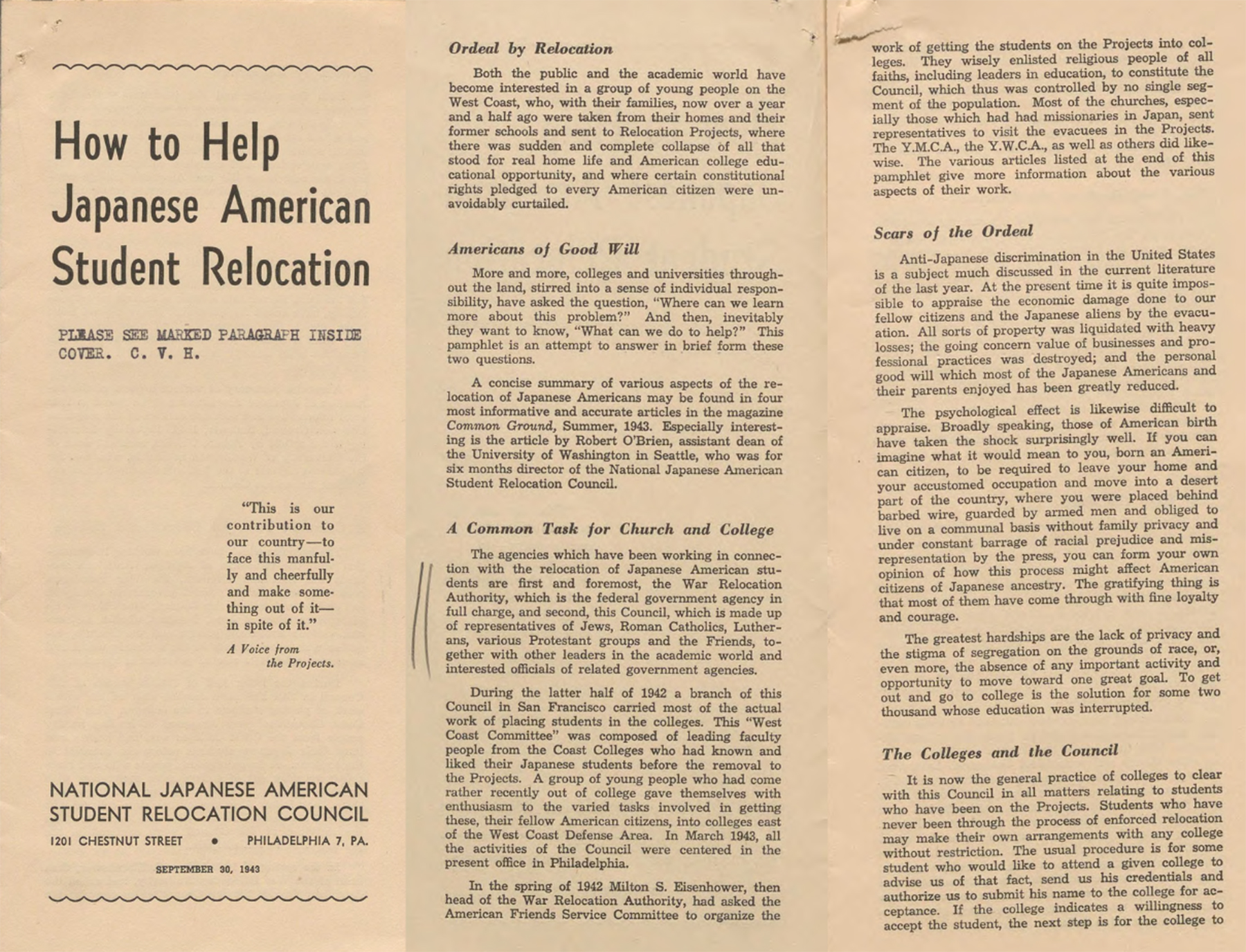 Informational pamphlet published by the National Japanese American Student Relocation Council, September 30, 1943. Pearl: 343578