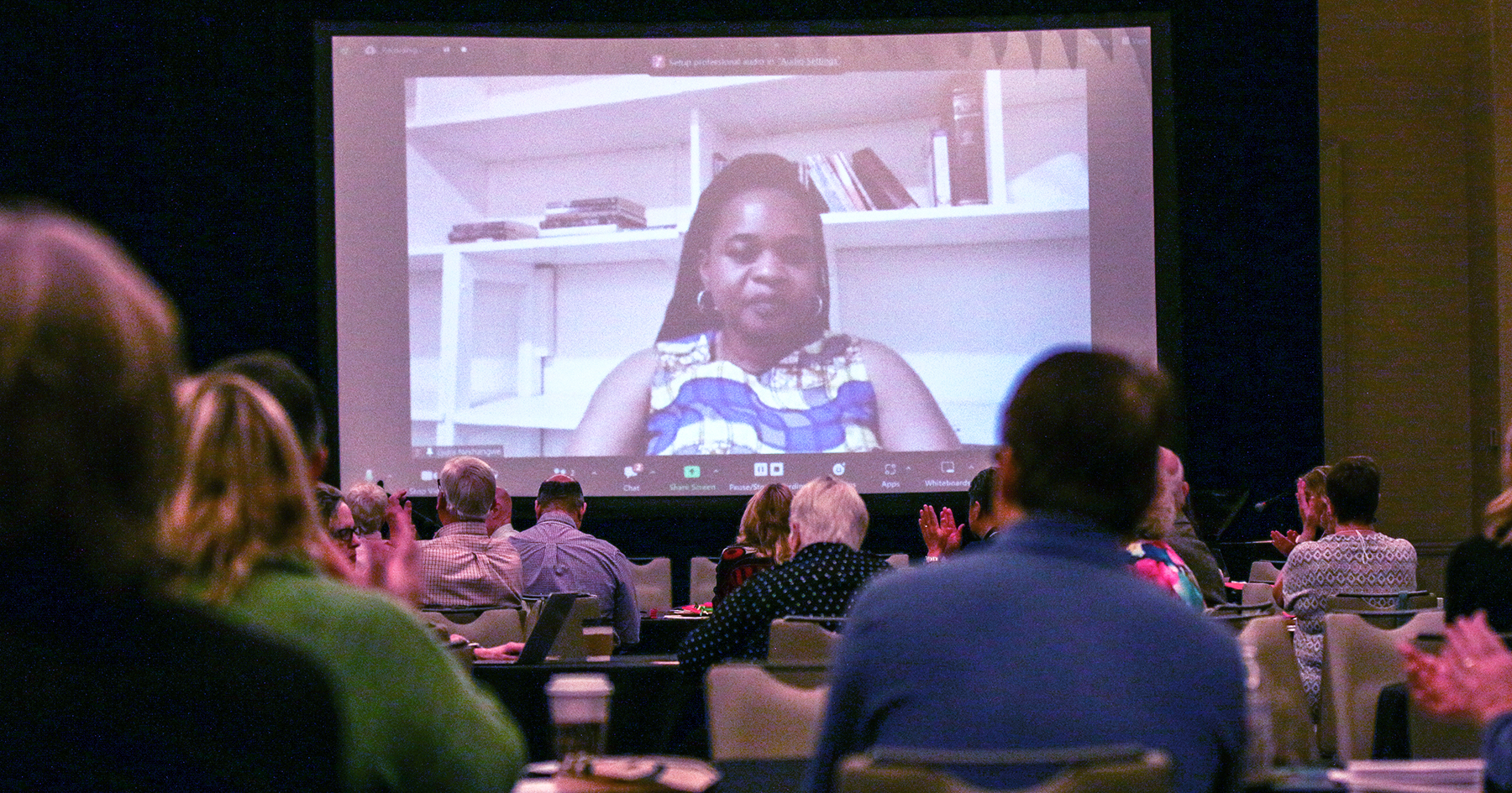 The Rev. Lydia Neshangwe spoke via Zoom to the Polity, Benefits and Mission Conference Thursday from her office in Zimbabwe. Photo by Randy Hobson.