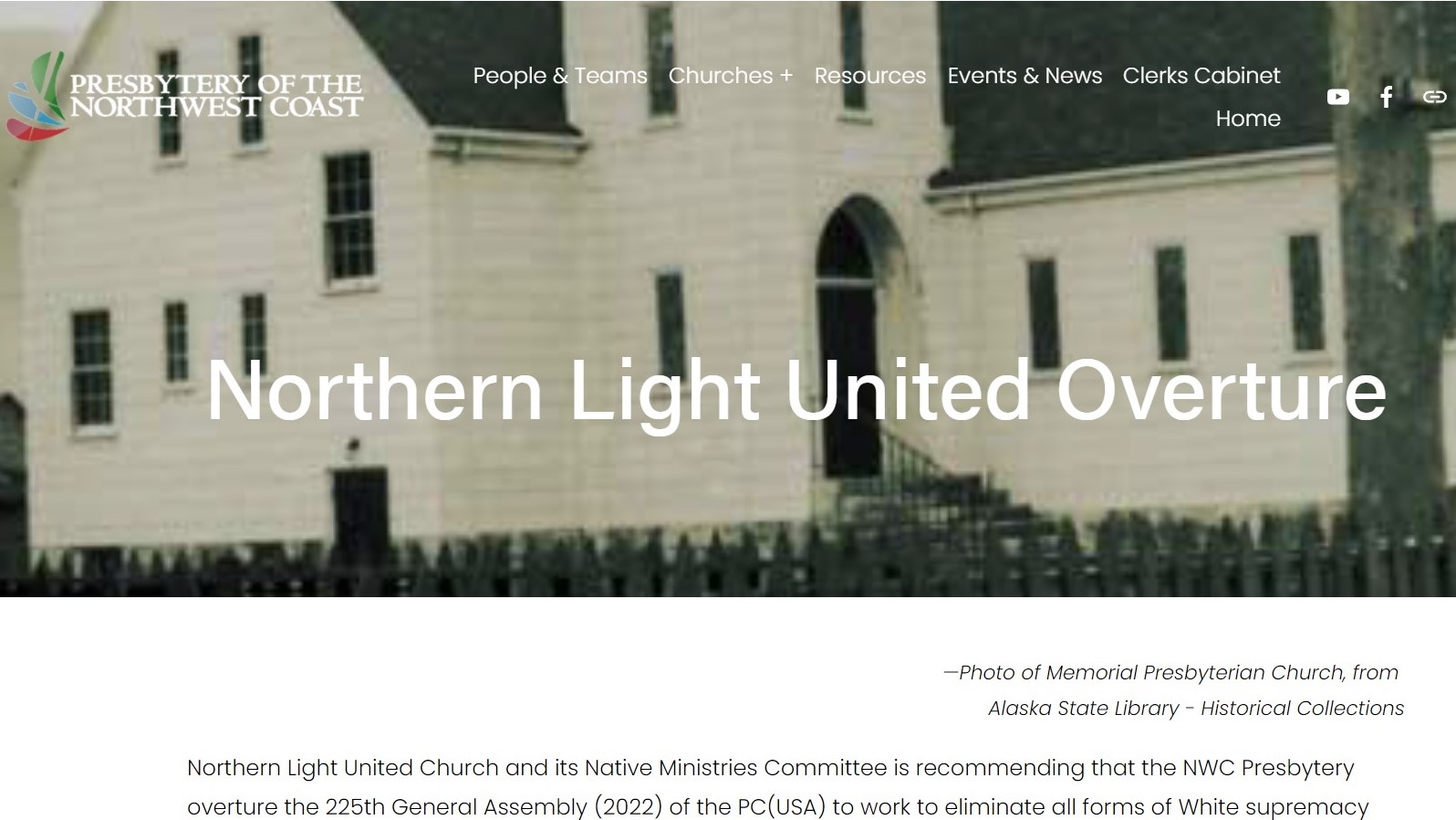 Image of webpage for the Northern Light United Overture from the Presbytery of the Northwest Coast website