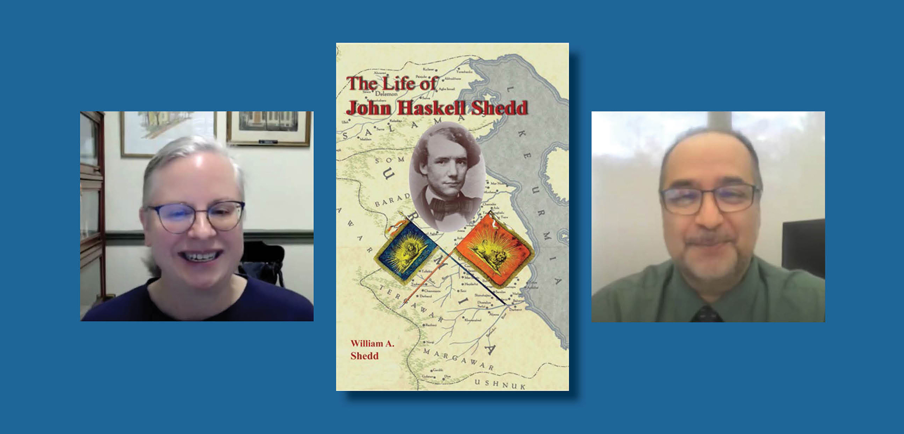(left to right) Nancy Taylor, “The Life of John Haskell Shedd” book cover, Hooman Estelami. Image courtesy of PHS.