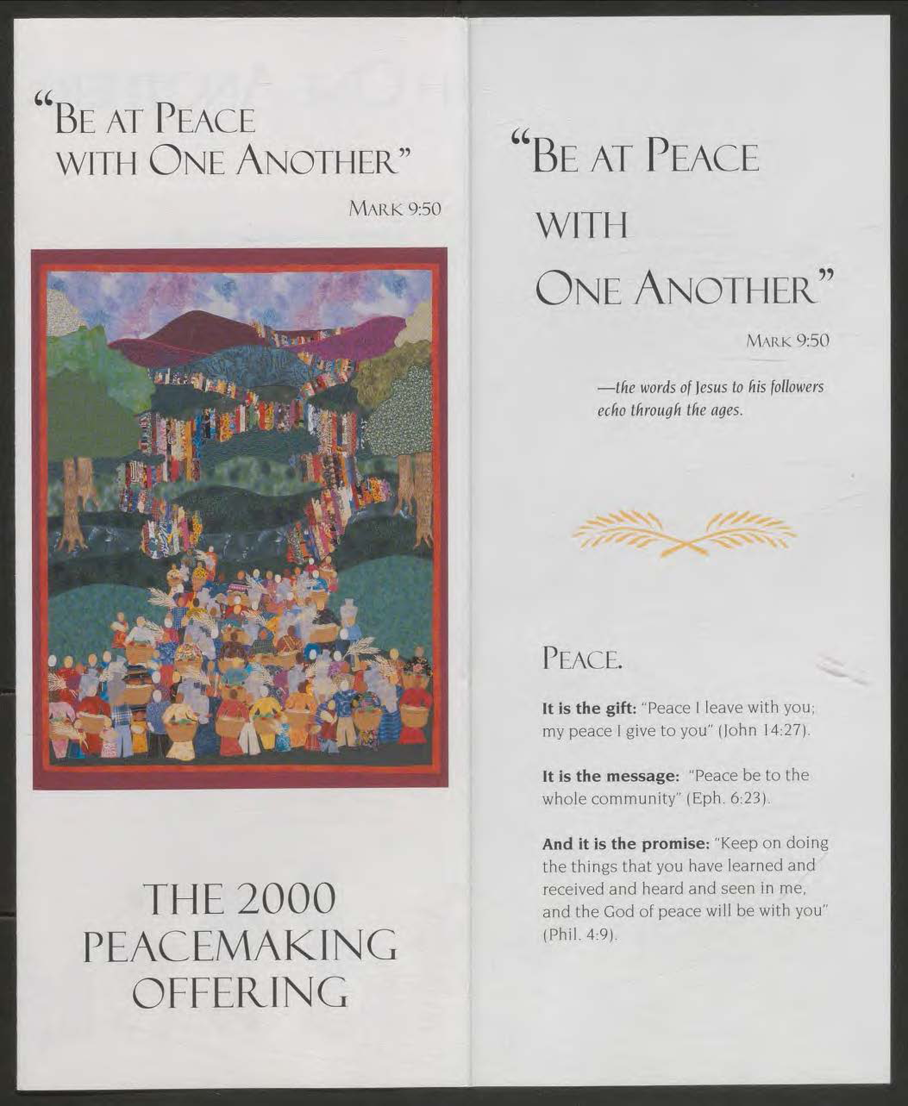 Front cover of brochure advertising the 2000 Peacemaking Offering. From Pearl: 348244 [RG 542, Box 28, Folder 1]