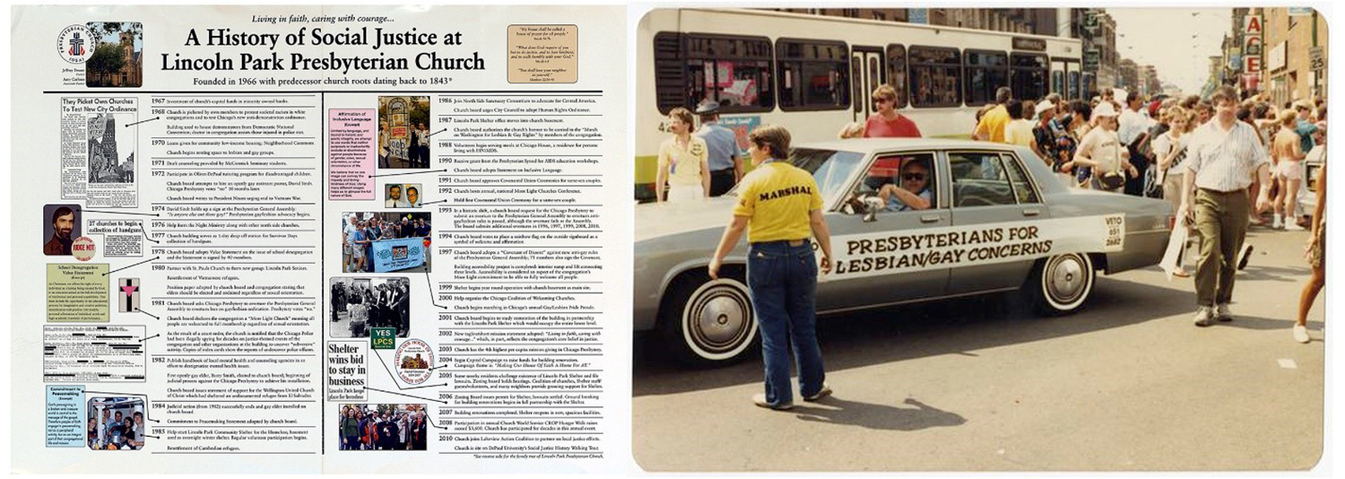 Images from the LGBTQIA+ Collection. Left: A History of Social Justice at Lincoln Park Presbyterian Church, Chicago, IL, 2010. [Pearl ID: 153445] Right: Presbyterians for Lesbian and Gay Concerns at the Chicago Gay Pride Parade, 1987. [Pearl ID: 153430]