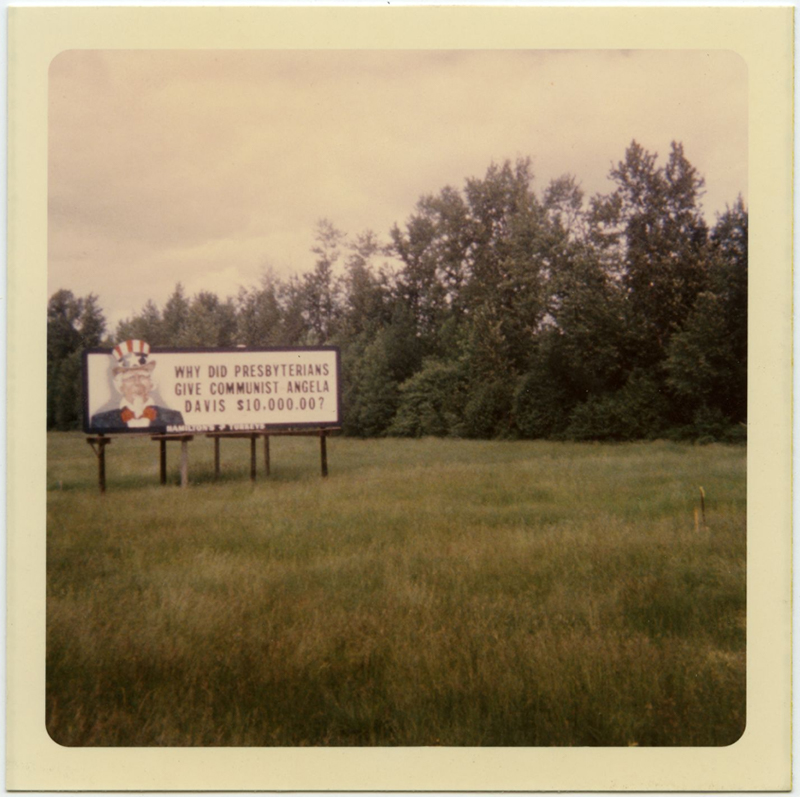 Photo of billboard about Presbyterians supporting Angela Davis.
