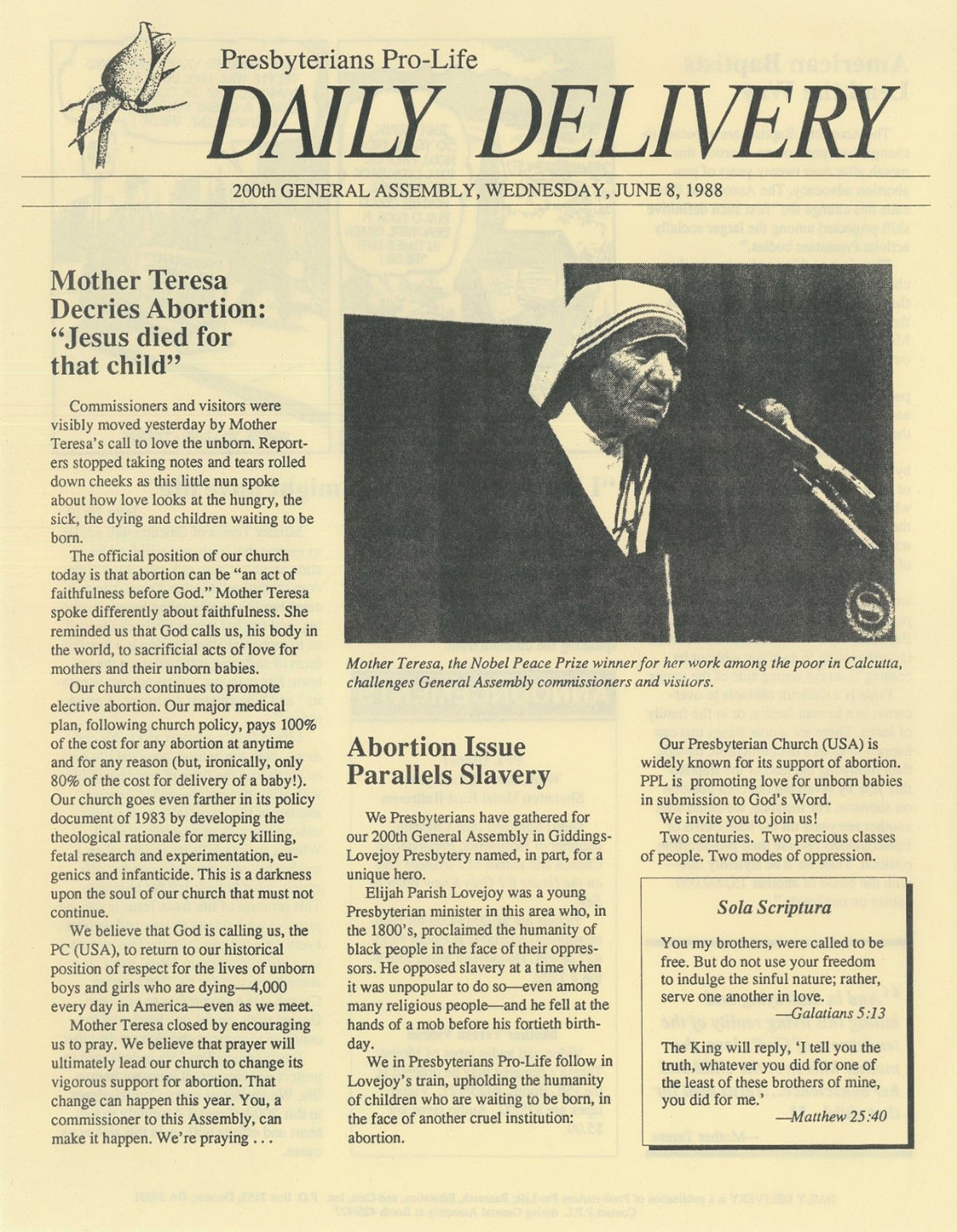 Daily Delivery, Presbyterians Pro-Life newsletter, June 8, 1988. PHS accession 92-0206b.