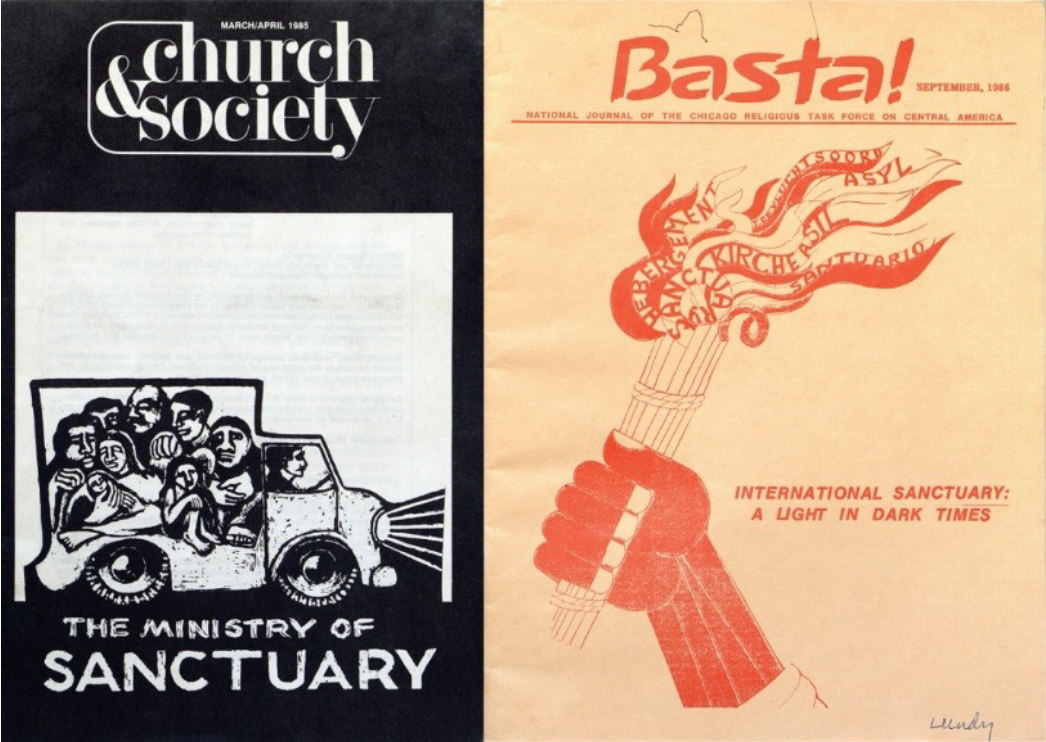 Left: Cover of Church and Society, March/April 1985. Right: Cover of Basta! National Journal of the Chicago Religious Task Force on Central America, September 1986.