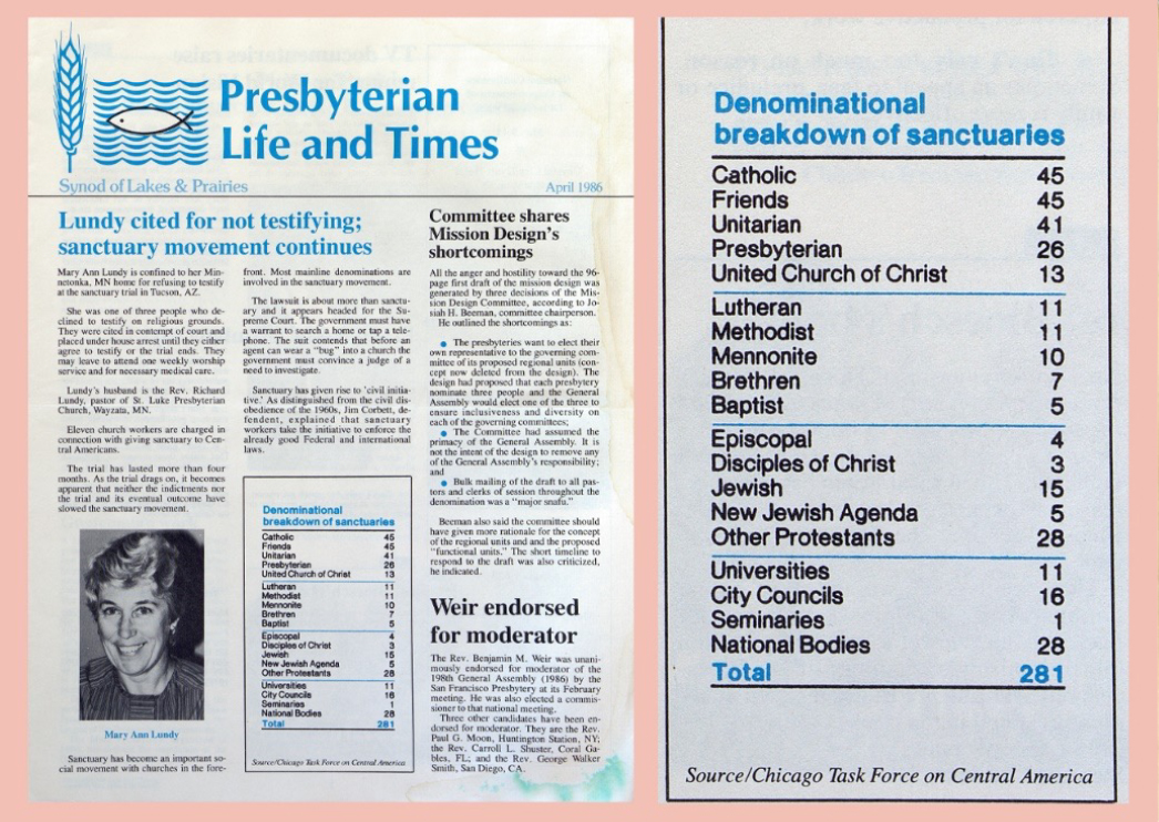 Cover of Presbyterian Life and Times, April 1986. Mary Ann Lundy was part of Riverside Church in New York City and sentenced to house arrest for refusing to testify during the trial of John Fife and 15 other Sanctuary workers.