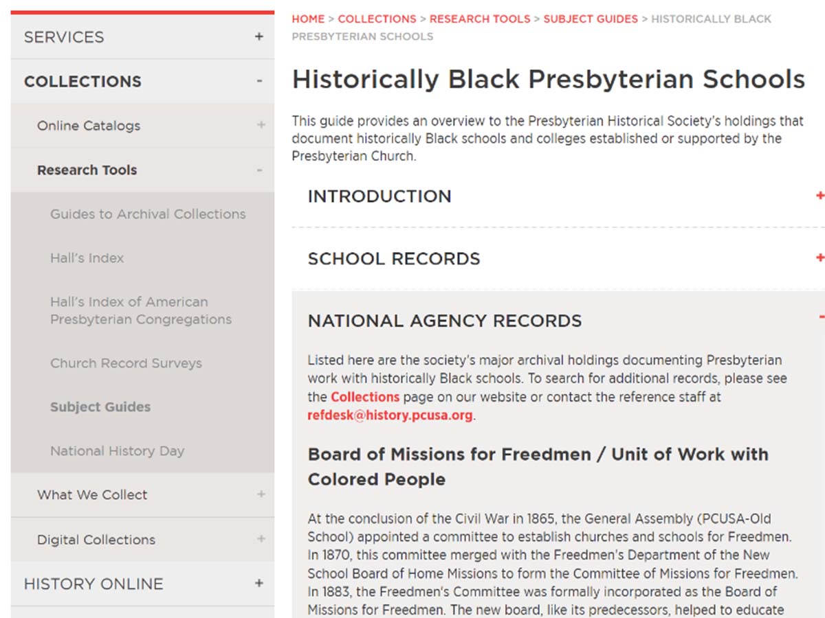 Subject Guide for Historically Black Presbyterian Schools, from PHS website.