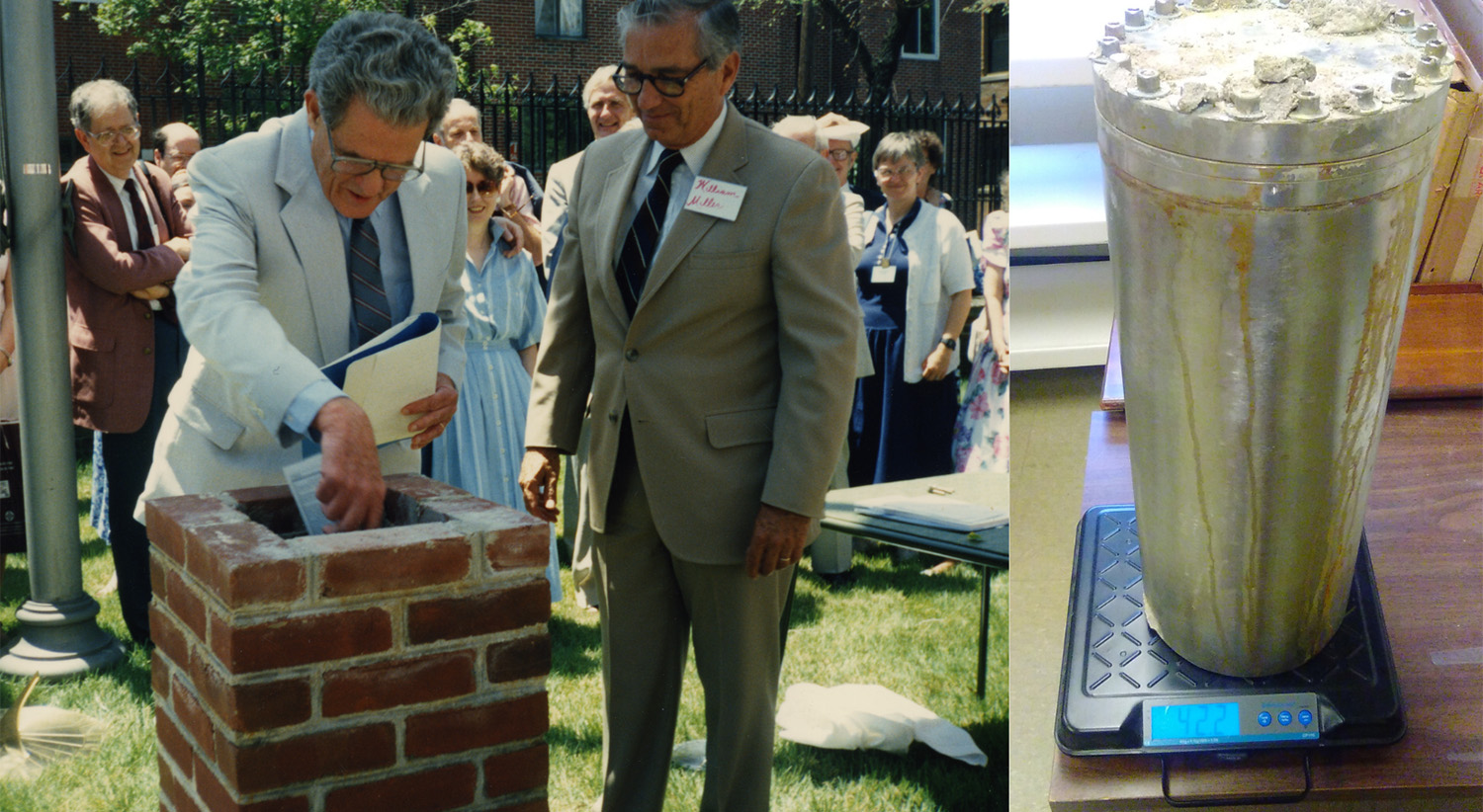 Left: George Laird Hunt (front left) and PHS director William Miller packing the time capsule, June 11, 1989. Pearl: 33559. Right: the capsule being weighed in 2016, image via PHS.