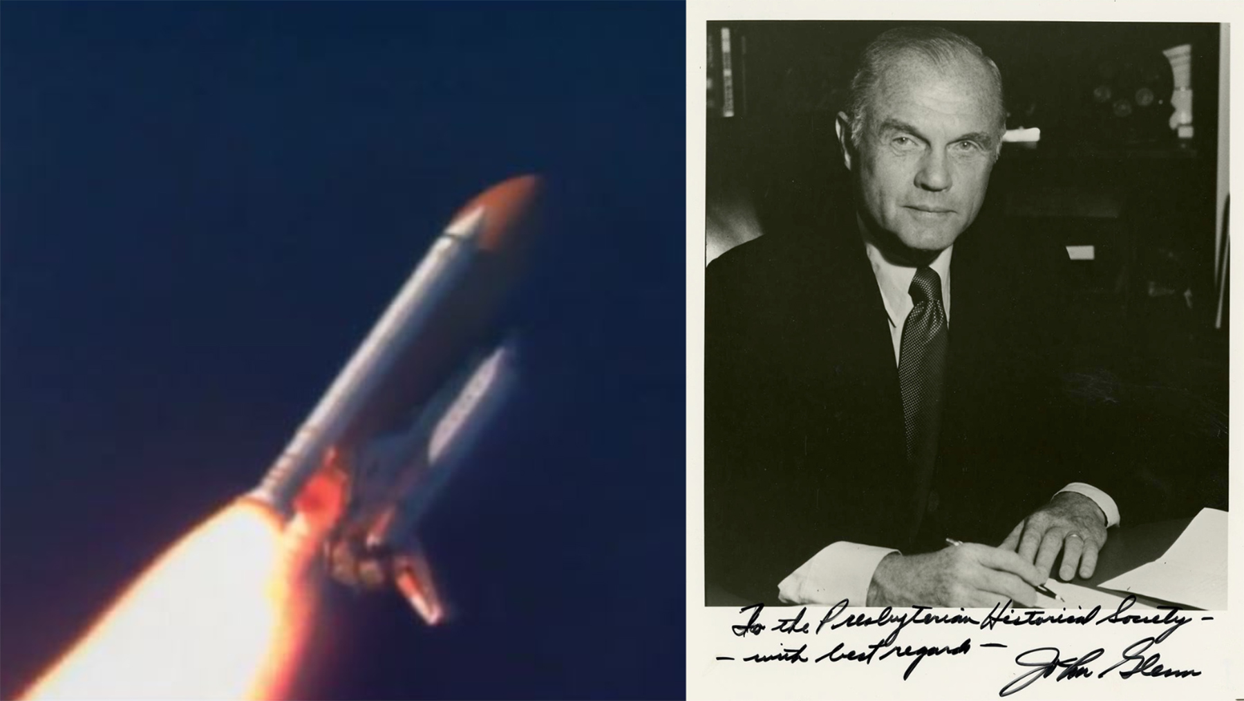 Left: screengrab from NASA-TV clip of John Glenn's 1998 launch, PC(USA) Communications and Funds Development, Media Services, Pearl ID: 145328. Right: autographed portrait of John Glenn, 1981, Pearl ID: 8623 