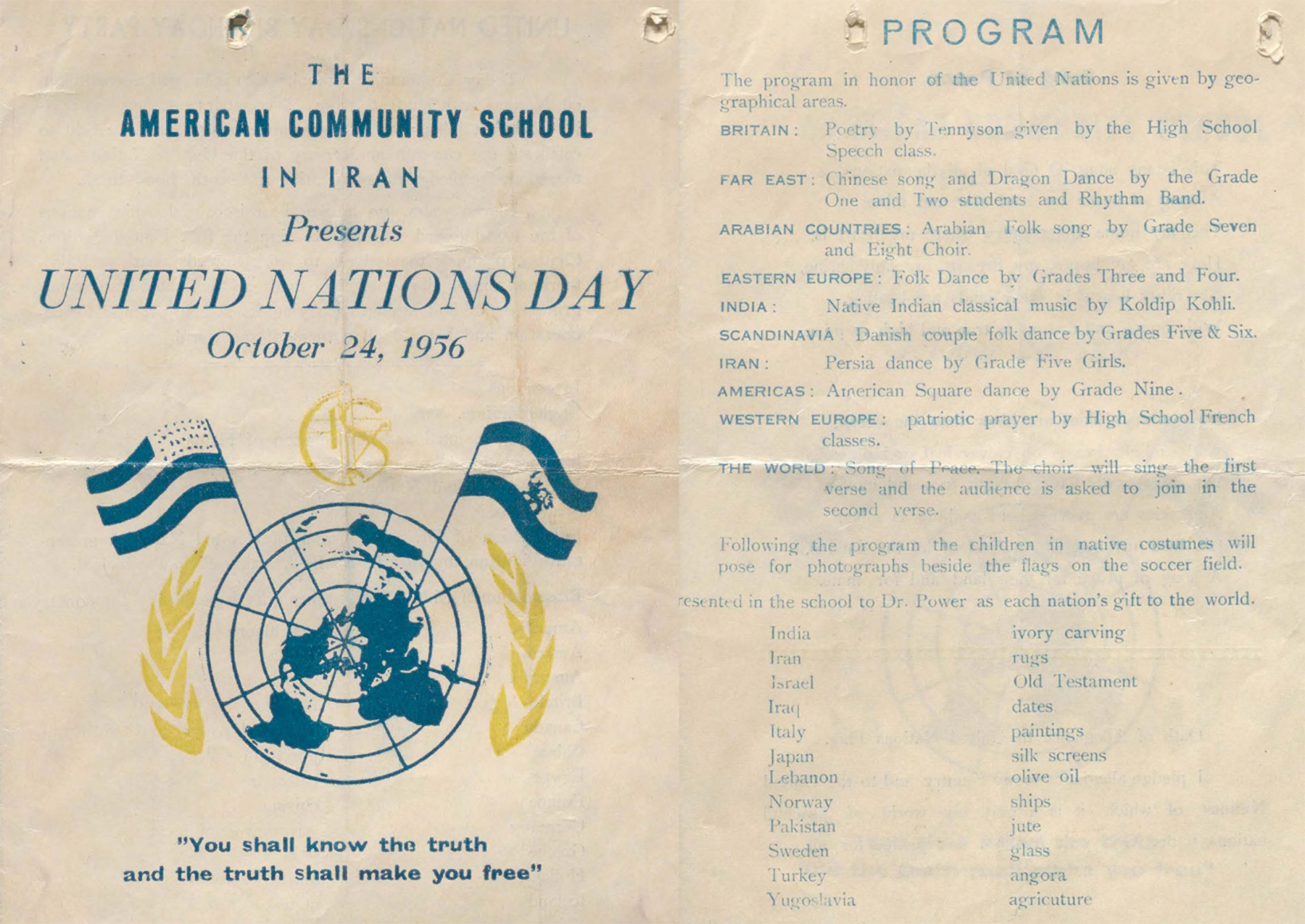 Tehran Community School's program for United Nations Day, October 24, 1956. Pearl ID: 340220