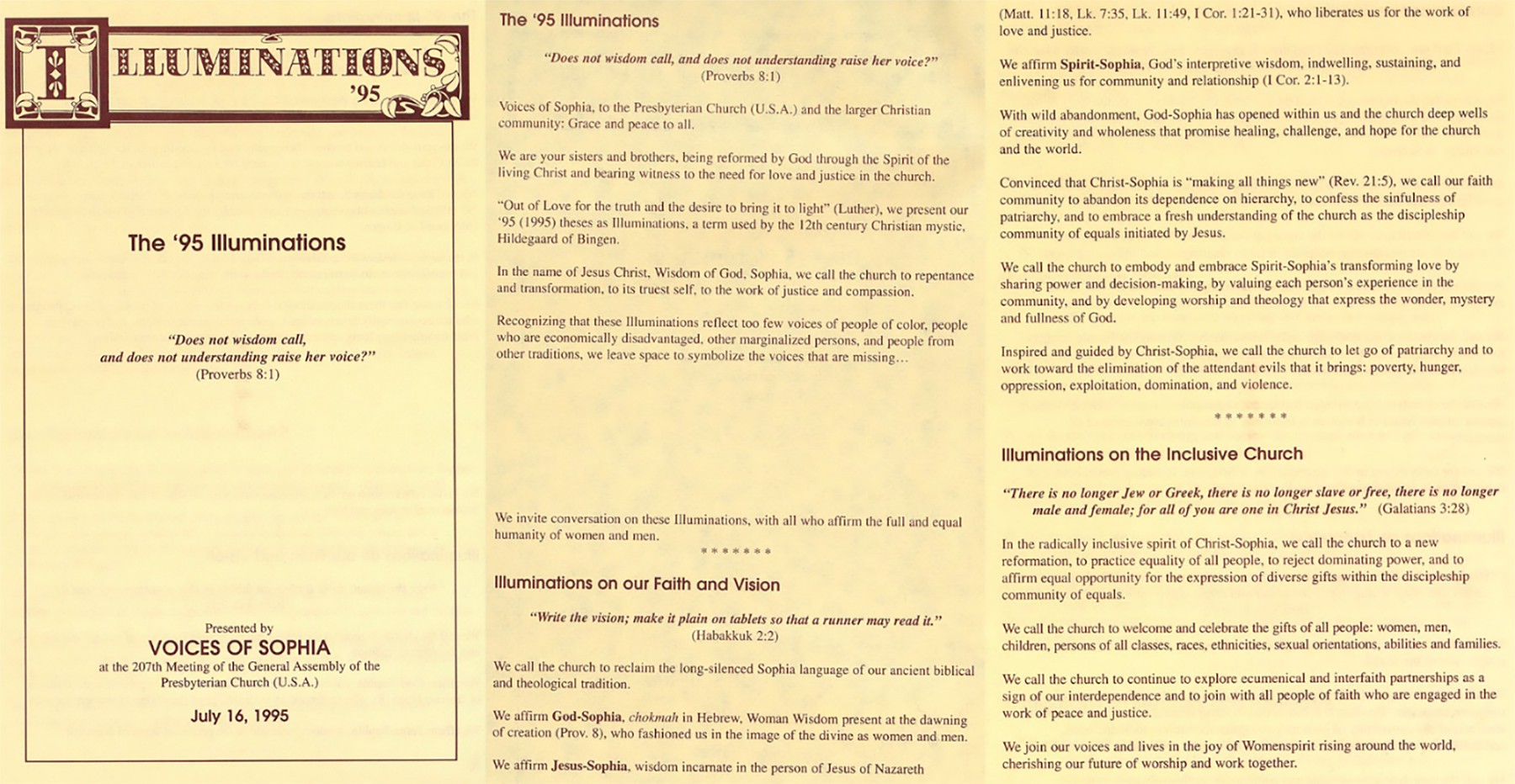 Three pages of 1995 Voices of Sophia newsletter. Pearl ID: 146333