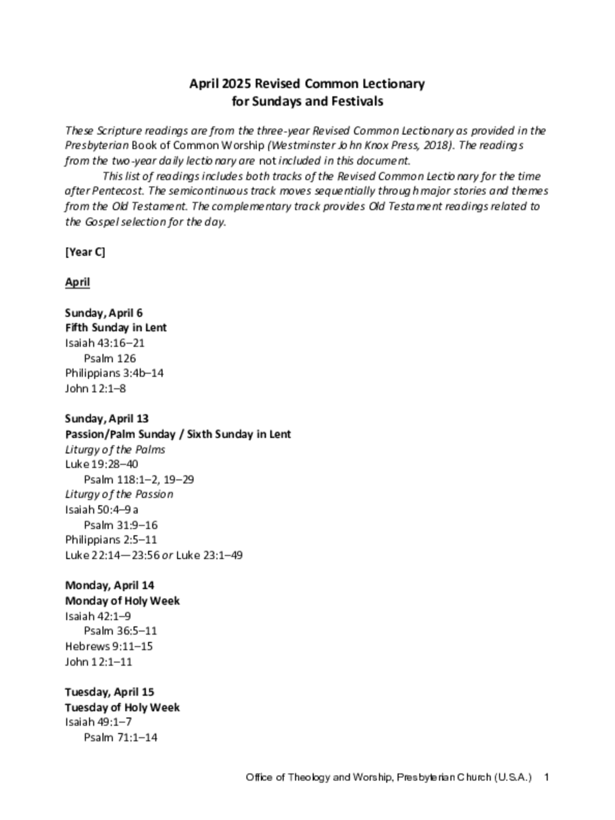 April 2025 Revised Common Lectionary for Sundays and Festivals