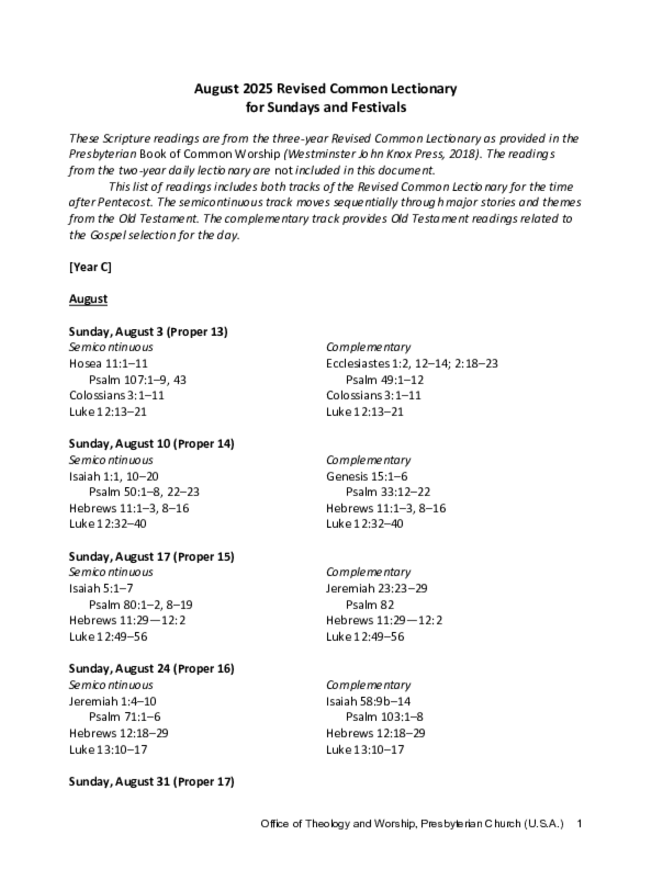 August 2025 Revised Common Lectionary for Sundays and Festivals ...