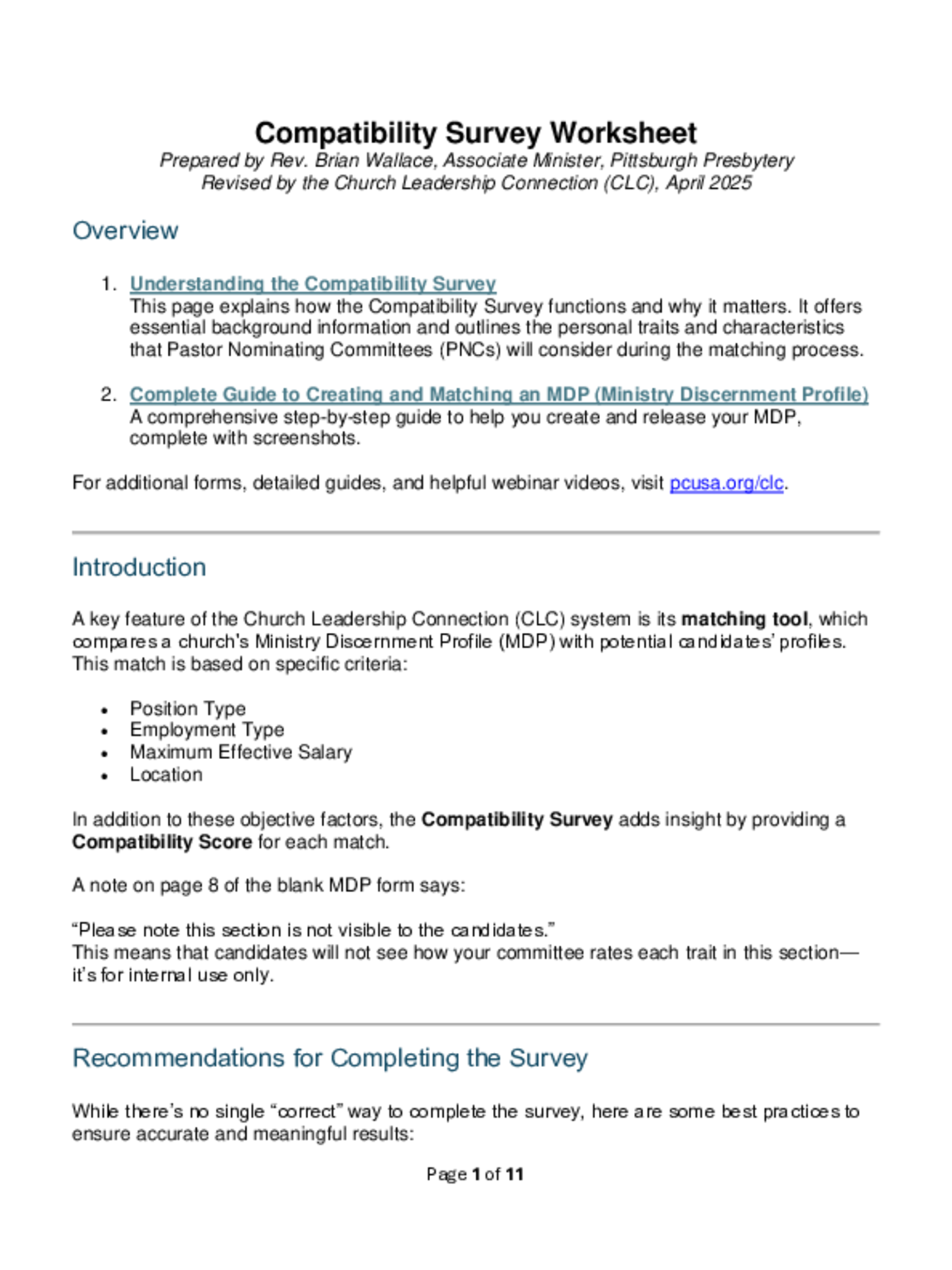 CLC Compatibility Survey Worksheet | Presbyterian Church (U.S.A.)